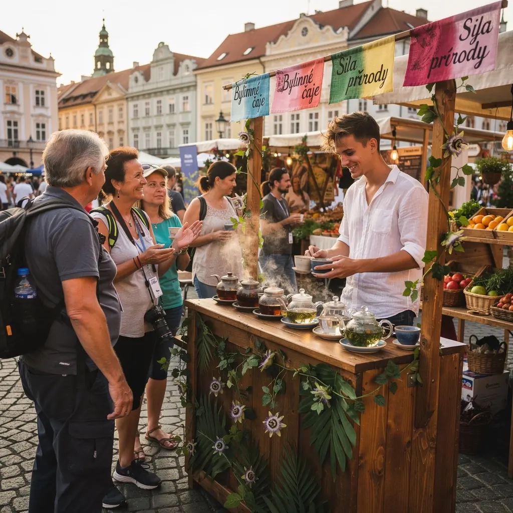 Rukou podávaný pohár čaju s kvetmi mučenky v pozadí.